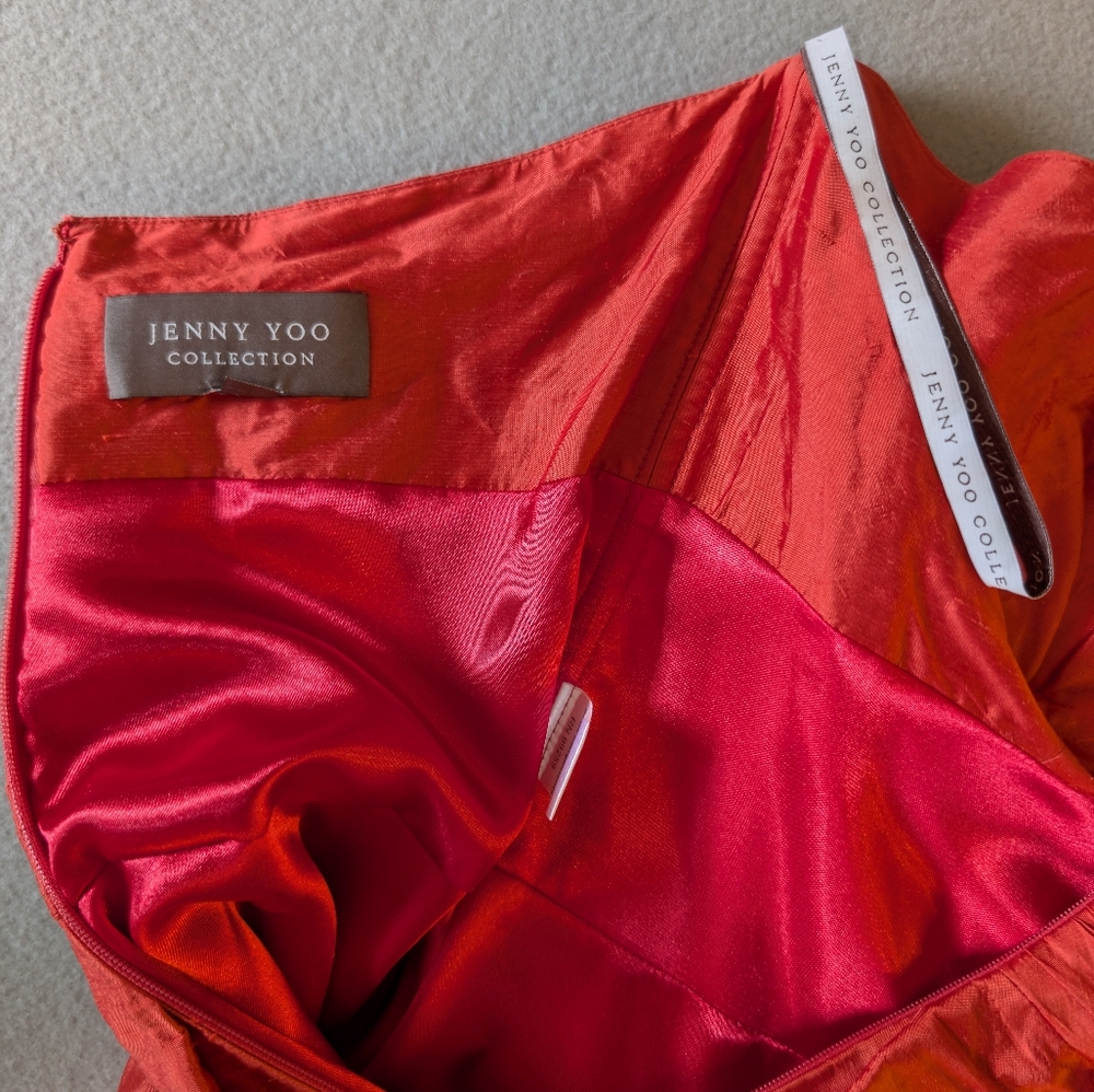 Jenny Yoo 100% Silk Coral Orange Strapless Ruched Waist Cocktail Dress Sz 8 - Picture 11 of 15